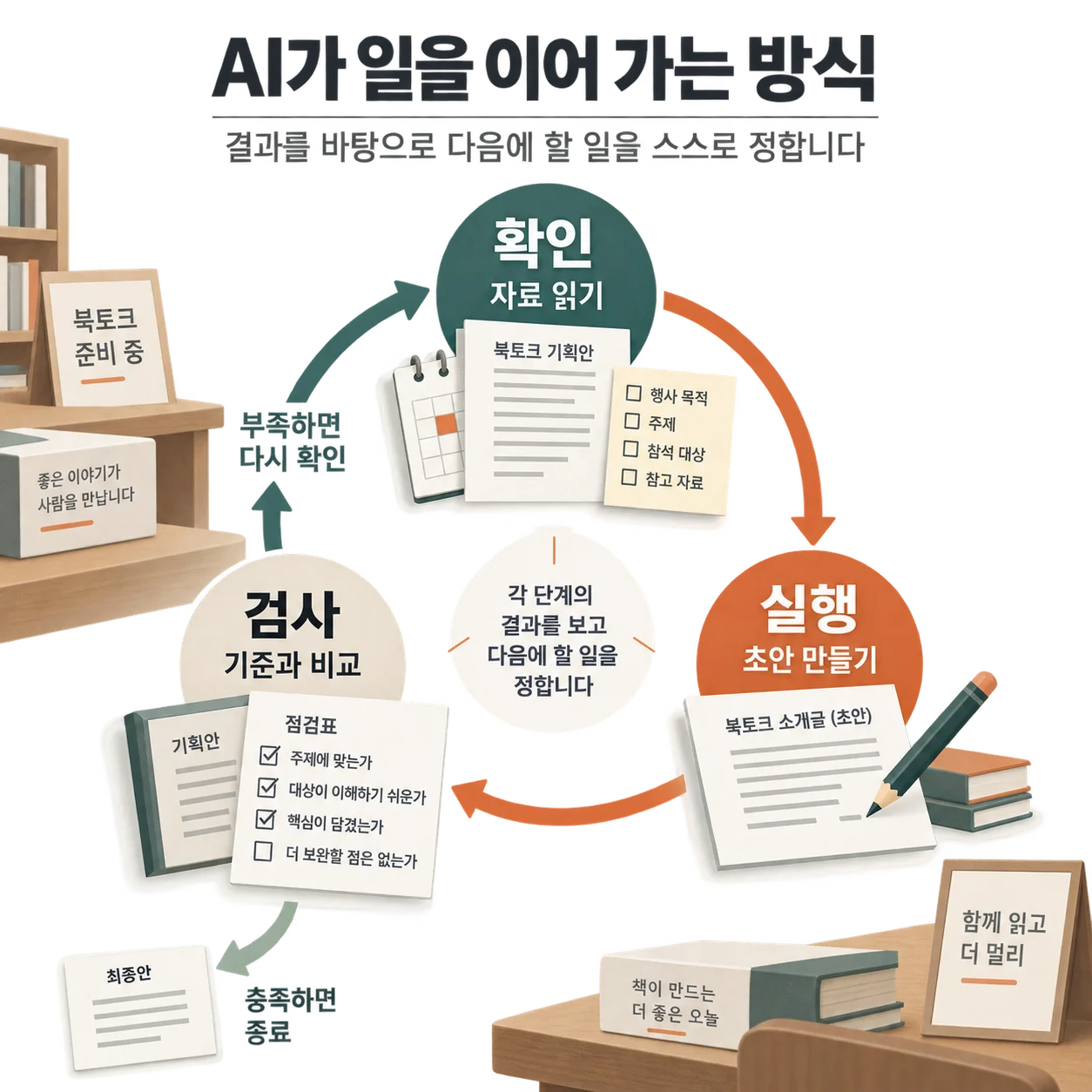 자료 확인 → 실행 → 검사. 부족한 부분이 있으면 다음 행동을 고르고, 완료 기준을 충족하면 마칩니다.