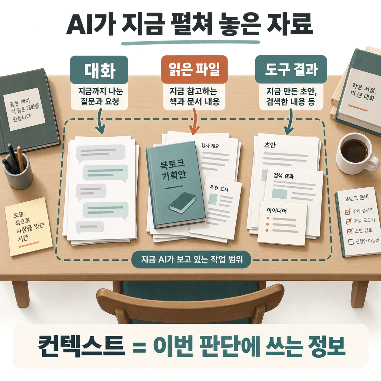 컨텍스트는 현재 판단에 들어가는 자료 묶음입니다. 대화, 읽은 파일, 도구의 실행 결과 등이 포함됩니다.