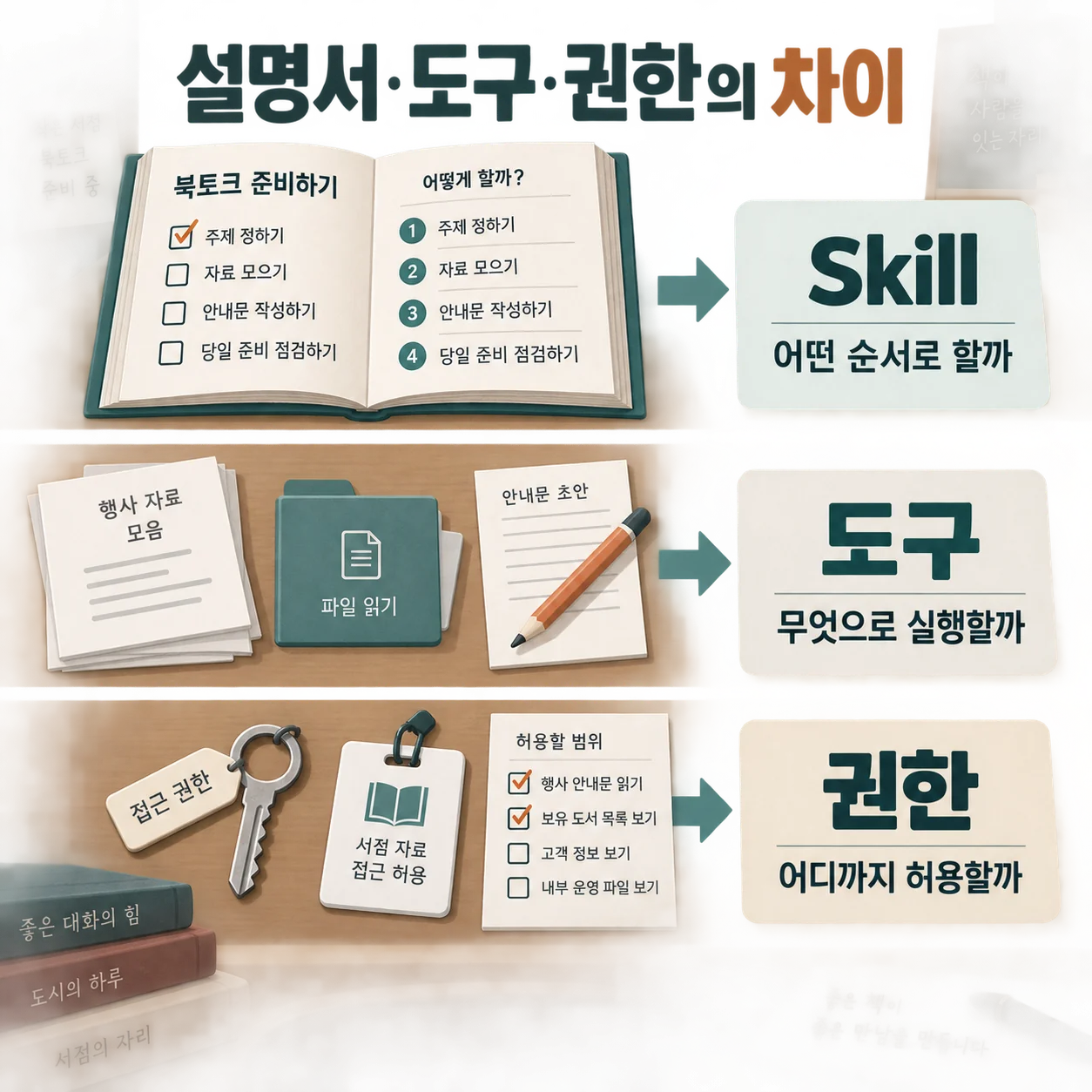 Skill은 작업 절차, 도구는 실행 수단, 권한은 허용 범위를 담당합니다.