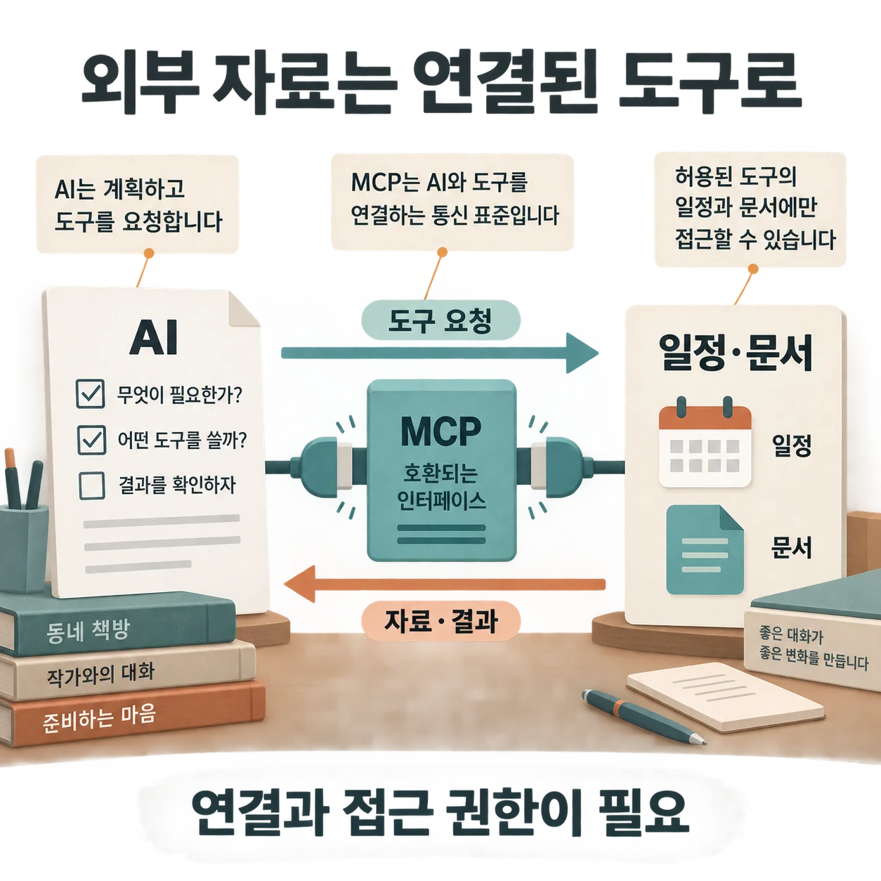 MCP는 AI와 외부 도구가 요청과 결과를 주고받는 연결 규약입니다. 사용할 도구의 연결과 인증이 필요합니다.