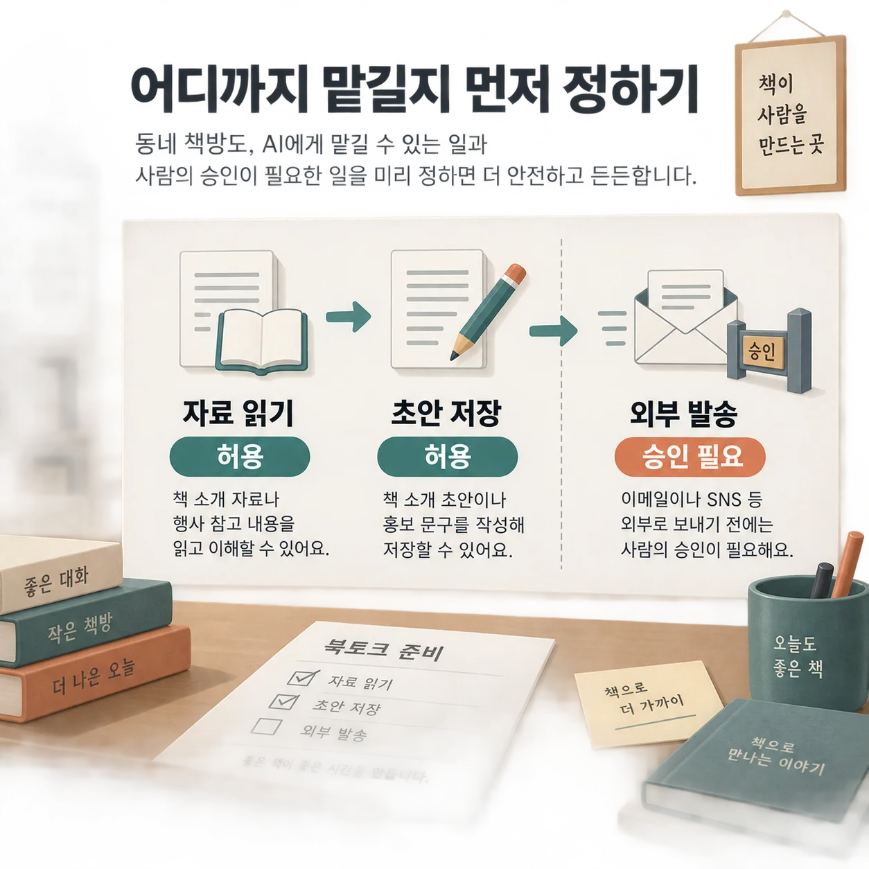 자료 읽기와 초안 저장은 허용하고 외부 발송은 승인을 받도록 나눈 예시입니다. 실제 권한 설정에 반영해야 합니다.