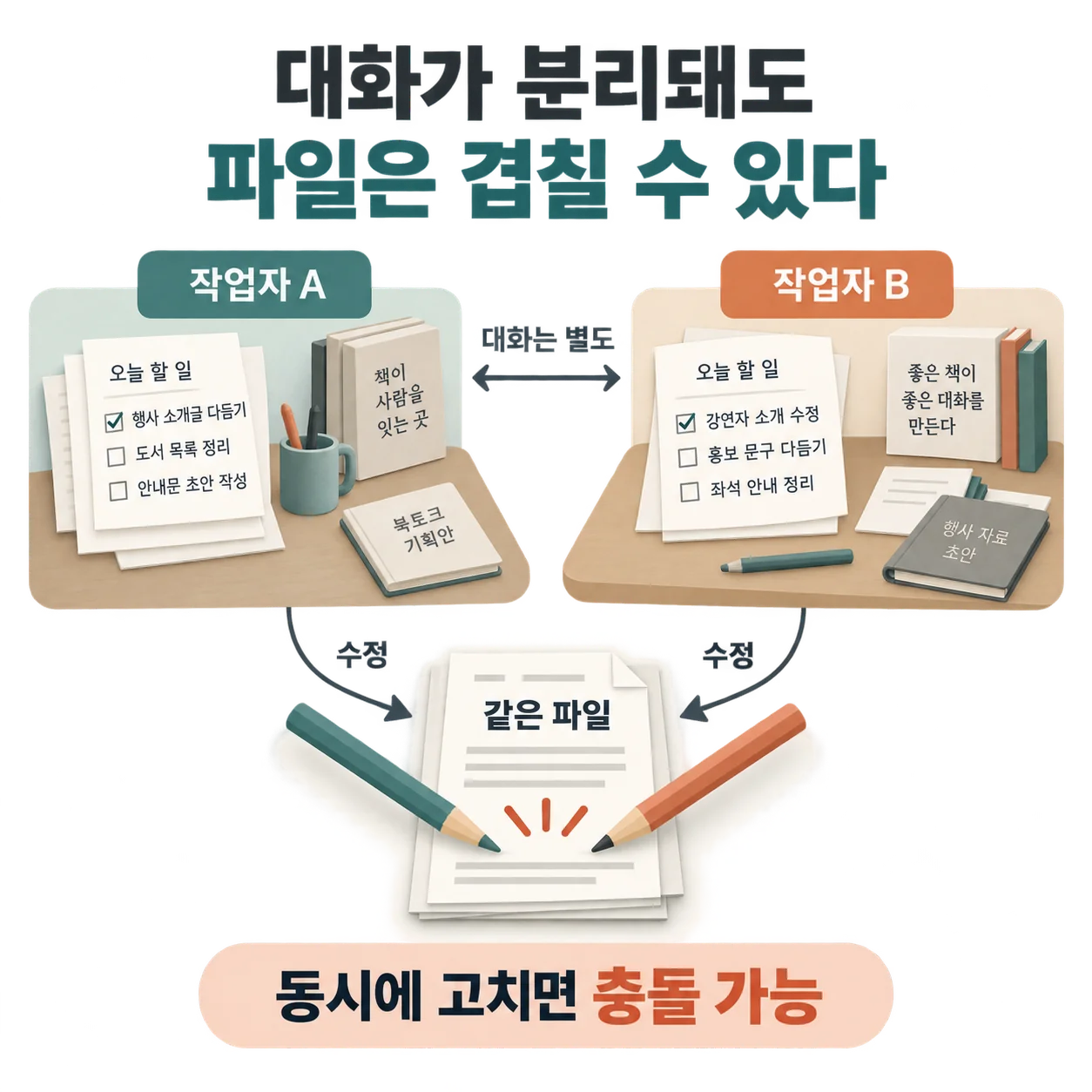 대화 맥락이 분리돼 있어도 같은 파일을 수정할 수 있습니다. 파일의 담당 범위나 별도 작업 공간을 확인해야 합니다.