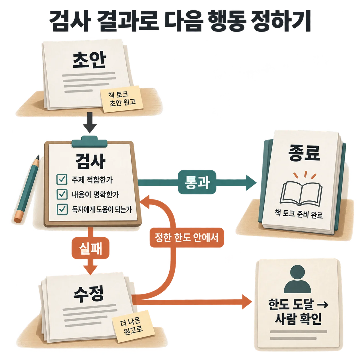 검사에 통과하면 마치고, 실패하면 정한 한도 안에서 수정합니다. 한도에 닿으면 근거를 남기고 사람에게 판단을 요청합니다.