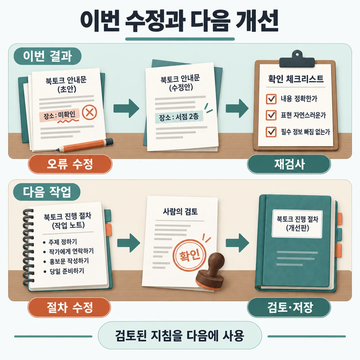 현재 결과를 수정하는 일과 다음 작업에 쓸 지침을 개선하는 일은 서로 다른 단계입니다.