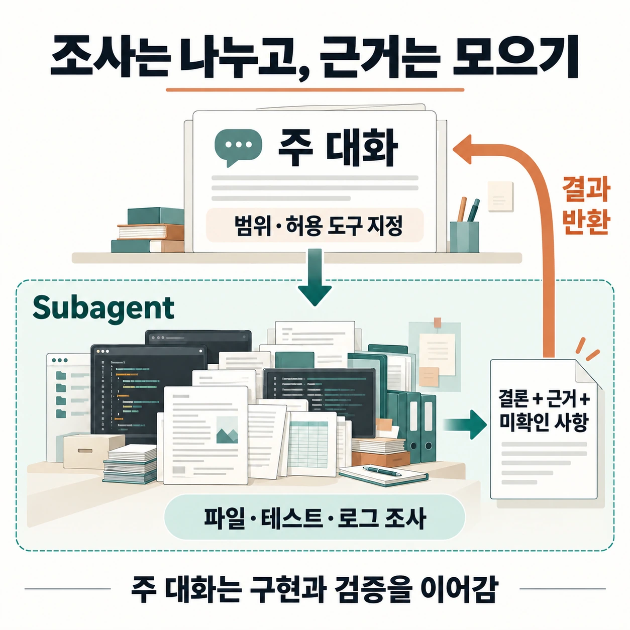 조사를 위임할 때 범위와 반환 형식을 정합니다. Subagent는 별도 컨텍스트에서 조사하고 결론과 근거를 돌려줍니다.